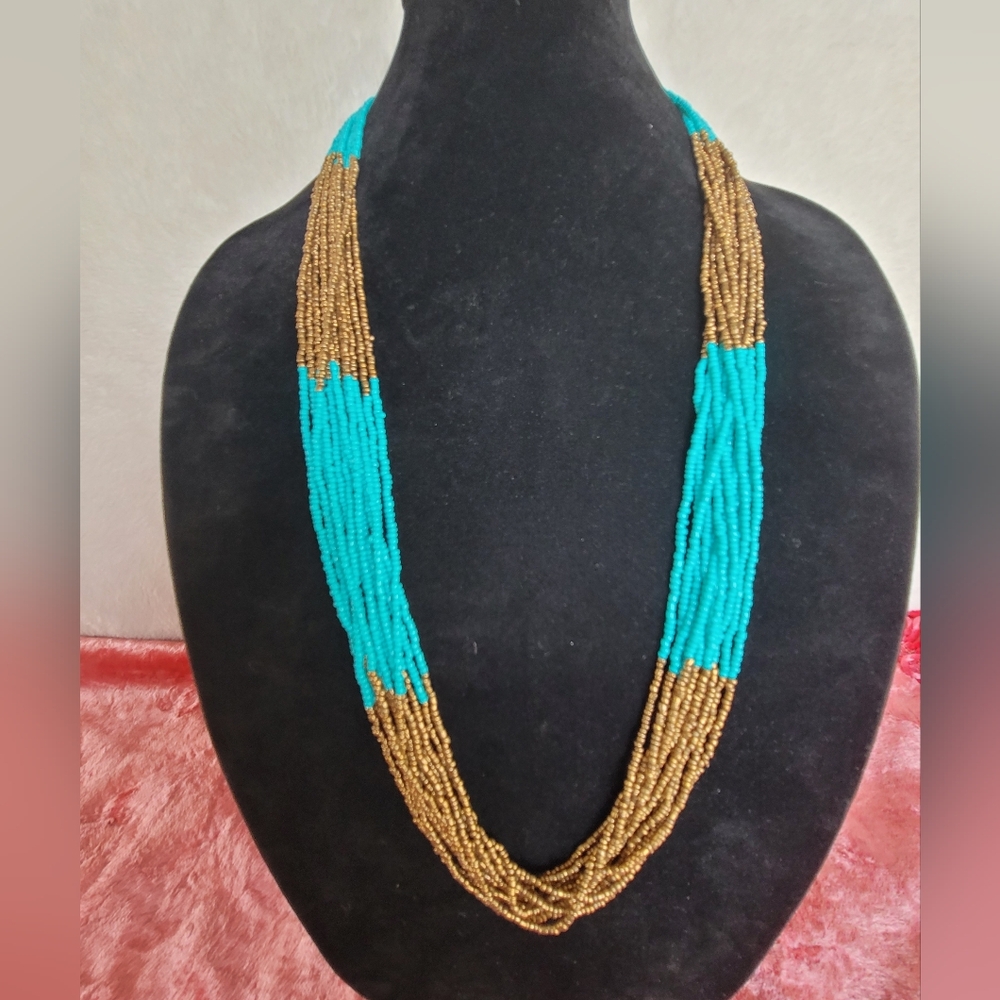 Turquoise and Bronze Vibrant Colored Vintage Seed Bead Necklace - Estate